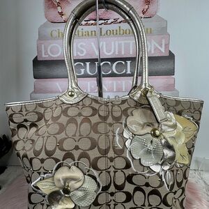 Coach Brown Signature Tote with Metallic Floral Appliqués